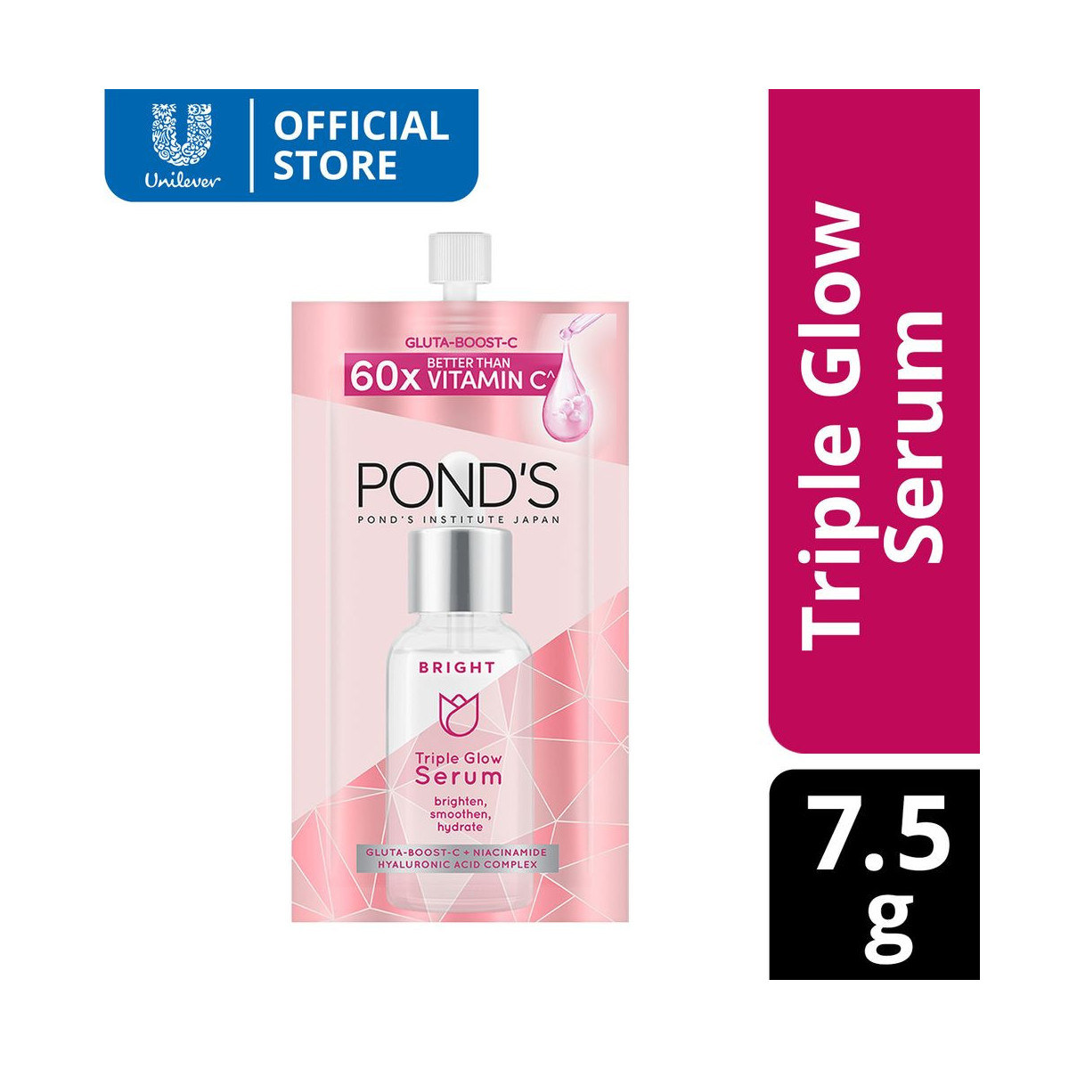 POND'S Bright Triple Glow Facial Serum with Gluta Boost and Niacinamide for Dewy Hydrated Skin 7.5g