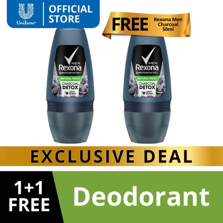 [BUNDLE OF 2] Rexona Men Deodorant Roll-On Natural Fresh Charcoal Detox 50ML