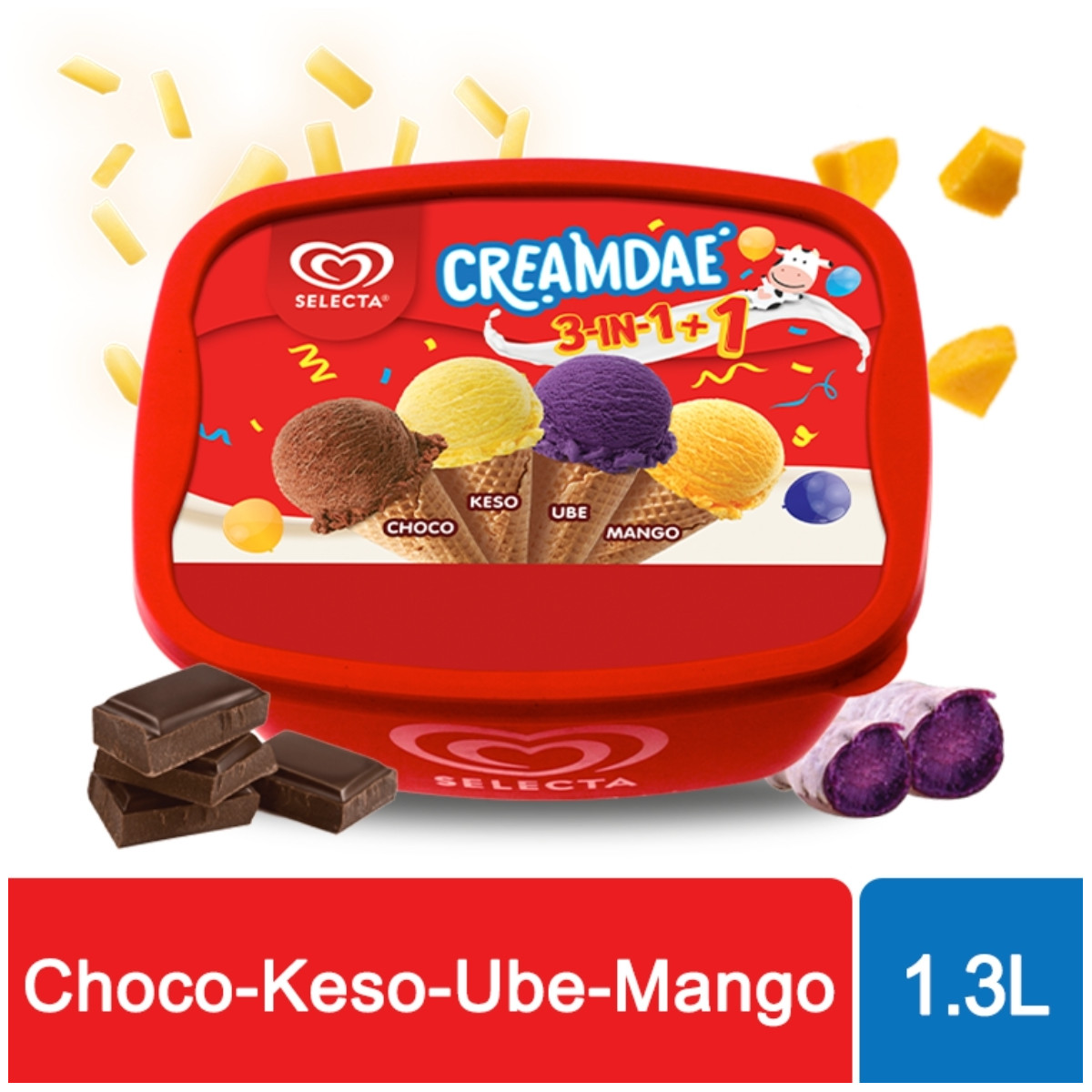 Selecta Birthday 3in1+1 Choco Keso Ube Mango Ice Cream 1.3L